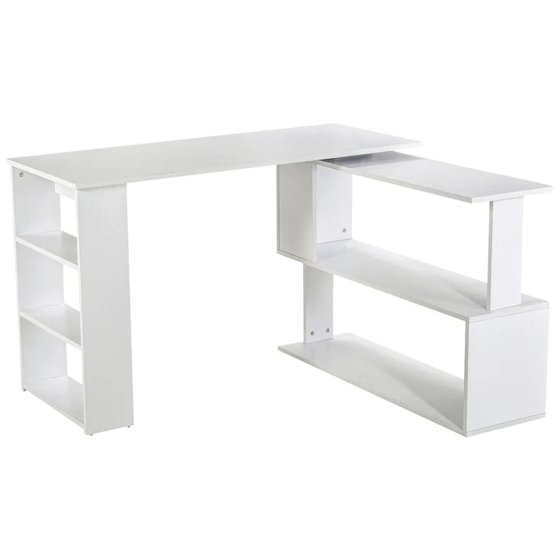 Bureau d'angle en L rotatif à 360° HOMCOM : Blanc, avec étagères de rangement