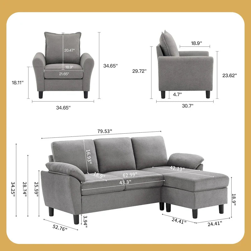 Canapé d'angle 3 places avec fauteuil et pouf pour salon