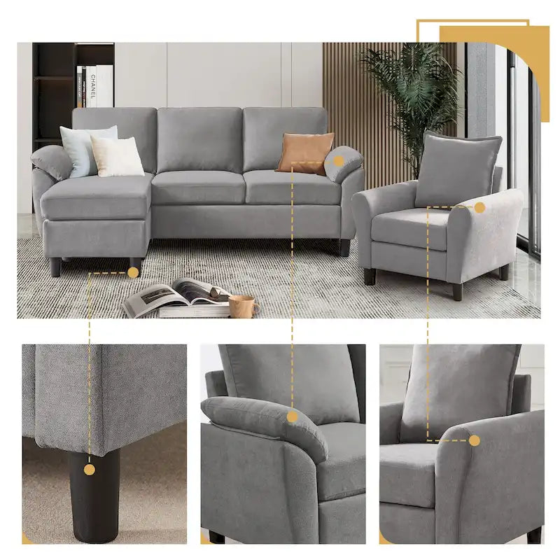 Canapé d'angle 3 places avec fauteuil et pouf pour salon