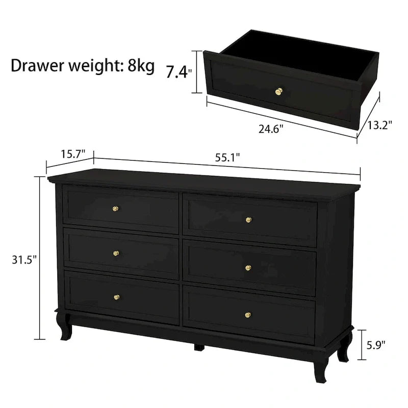 Dresser for Bedroom with Deep Drawers Wooden 6 Drawer Double Dresser
