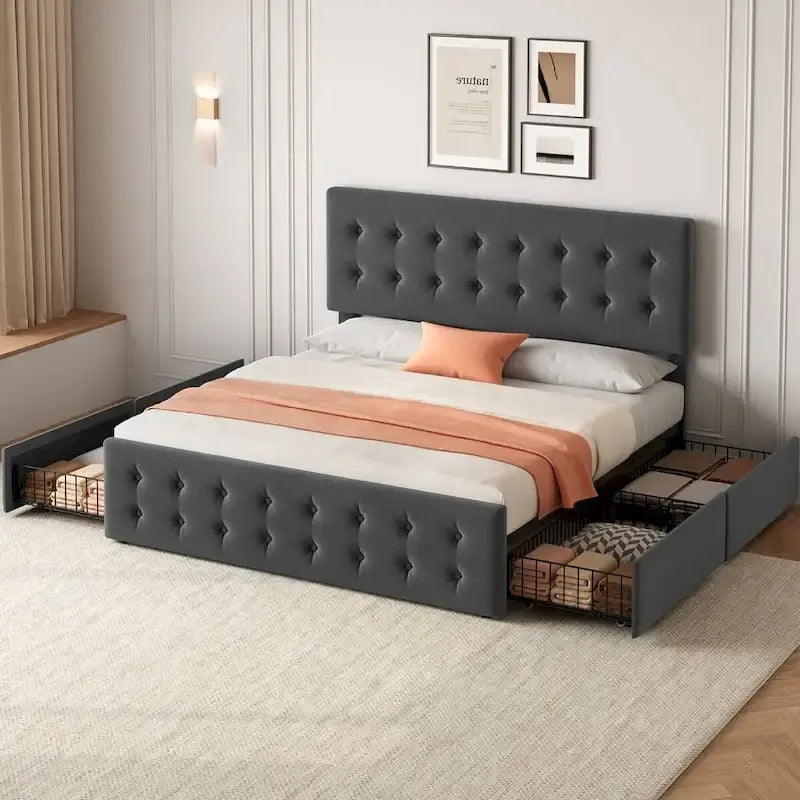 Cadre de lit King Size avec 4 tiroirs de rangement et tête de lit