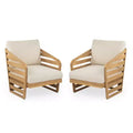 Christopher Knight Home Venteb Patio Slat Design Acacia Wood Upholstered Club Chair, Teak/Beige, Set of 4