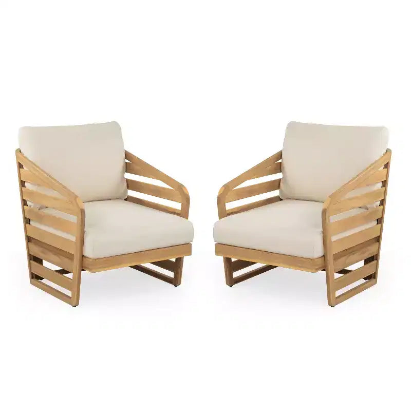Christopher Knight Home Venteb Patio Slat Design Acacia Wood Upholstered Club Chair, Teak/Beige, Set of 4