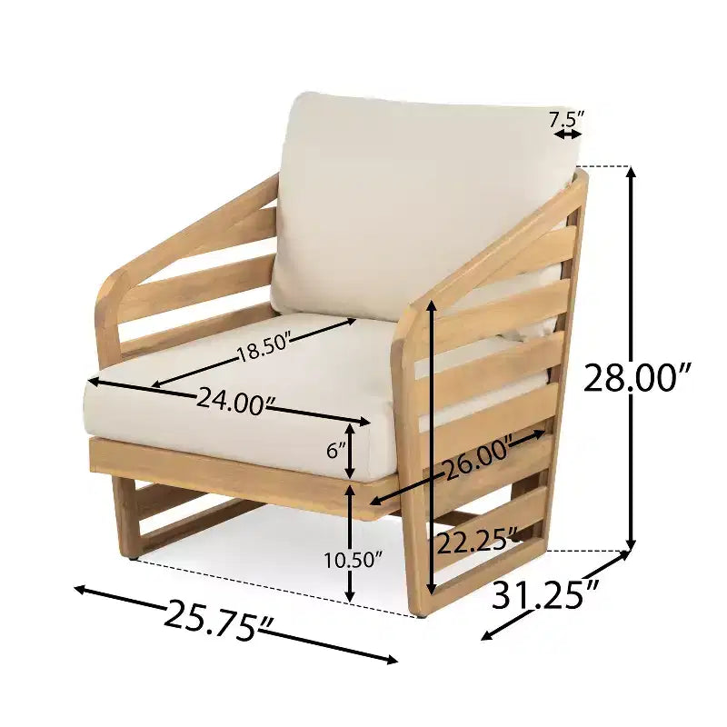 Christopher Knight Home Venteb Patio Slat Design Acacia Wood Upholstered Club Chair, Teak/Beige, Set of 4