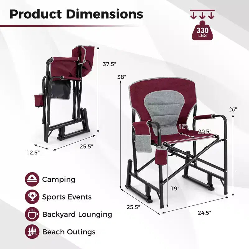 Costway Outdoor Rocker Camping Chair for Adults with Dual Springs Padded Back Black/Red