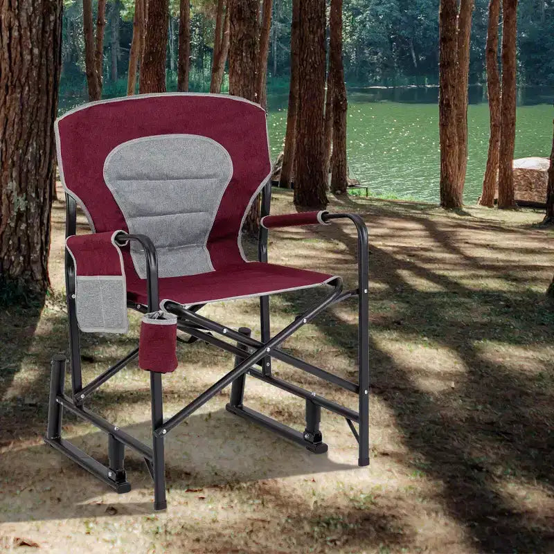 Costway Outdoor Rocker Camping Chair for Adults with Dual Springs Padded Back Black/Red