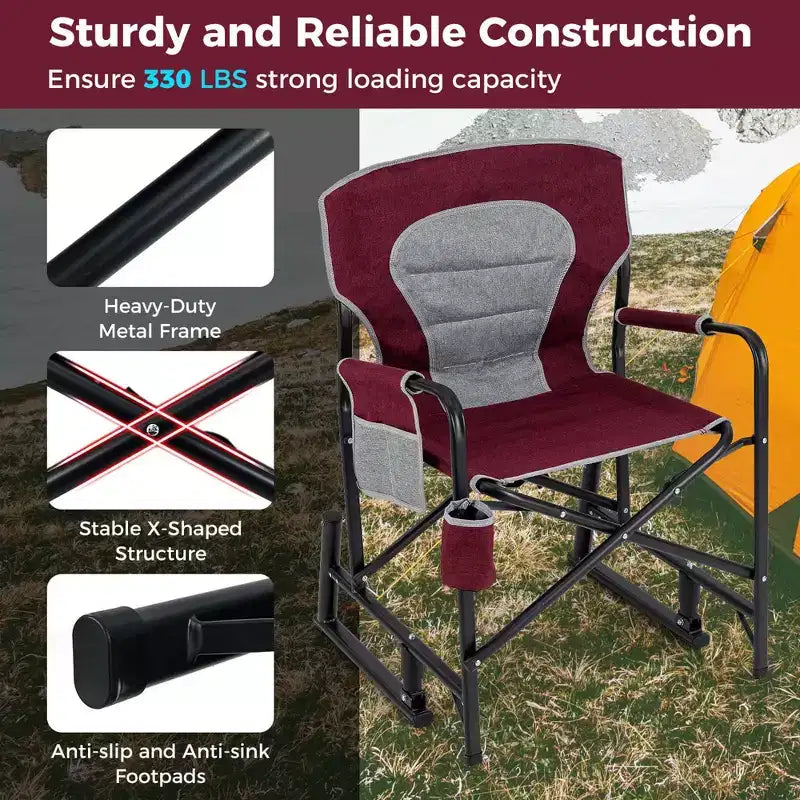 Costway Outdoor Rocker Camping Chair for Adults with Dual Springs Padded Back Black/Red