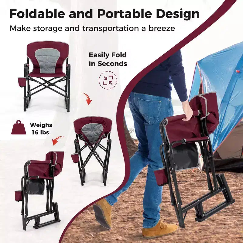 Costway Outdoor Rocker Camping Chair for Adults with Dual Springs Padded Back Black/Red