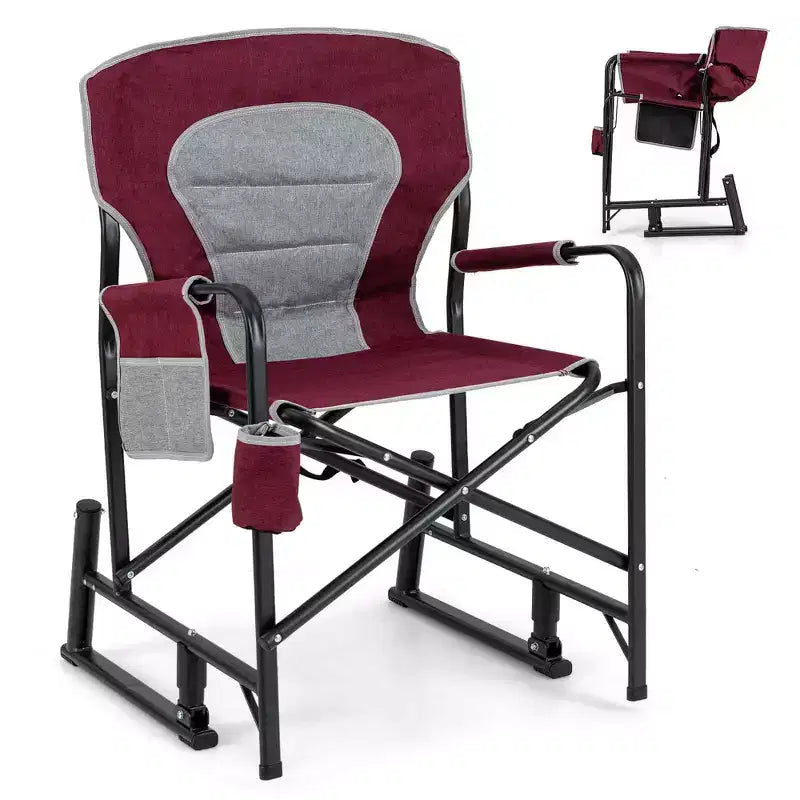 Costway Outdoor Rocker Camping Chair for Adults with Dual Springs Padded Back Black/Red