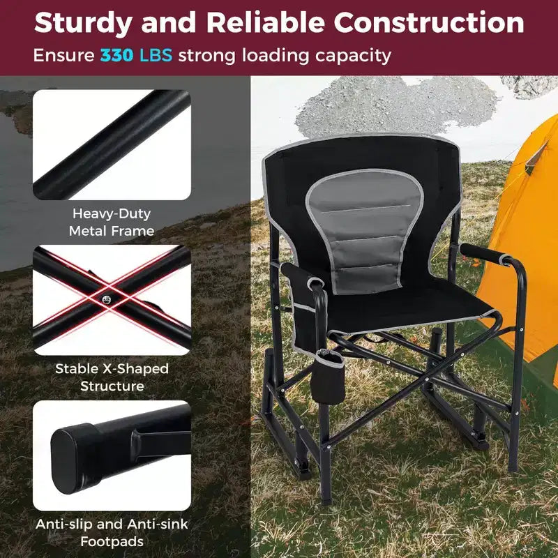 Costway Outdoor Rocker Camping Chair for Adults with Dual Springs Padded Back Black/Red
