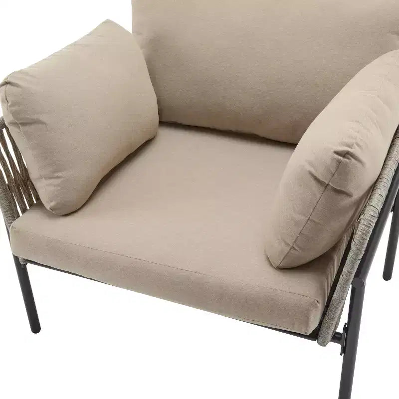 36W Patio Accent Chair Lounge Chair Arm Chair with Cushions, Pillows and Stylish Rope-Weave Design, Iron, Beige+Grey/Natural-ModernLuxe