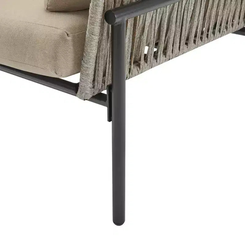 36W Patio Accent Chair Lounge Chair Arm Chair with Cushions, Pillows and Stylish Rope-Weave Design, Iron, Beige+Grey/Natural-ModernLuxe