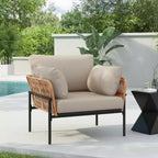 36W Patio Accent Chair Lounge Chair Arm Chair with Cushions, Pillows and Stylish Rope-Weave Design, Iron, Beige+Grey/Natural-ModernLuxe