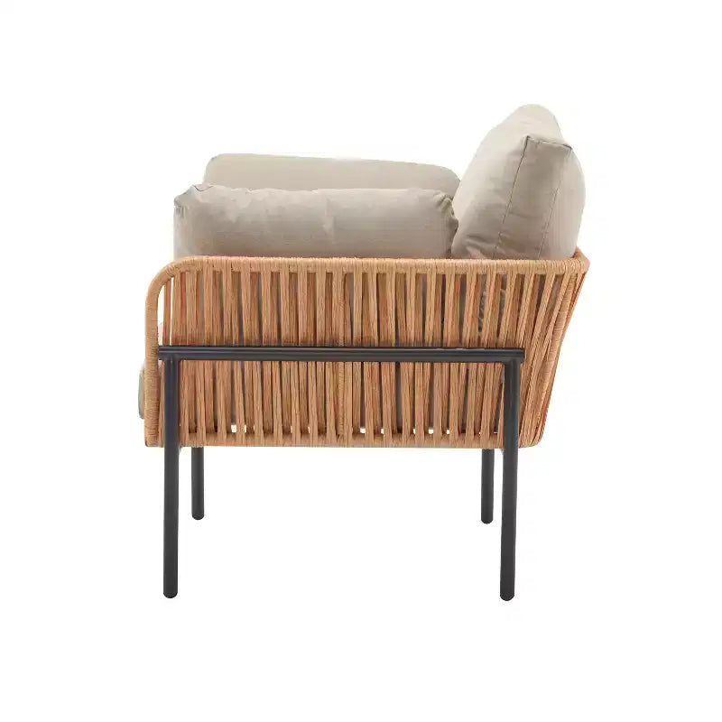 36W Patio Accent Chair Lounge Chair Arm Chair with Cushions, Pillows and Stylish Rope-Weave Design, Iron, Beige+Grey/Natural-ModernLuxe