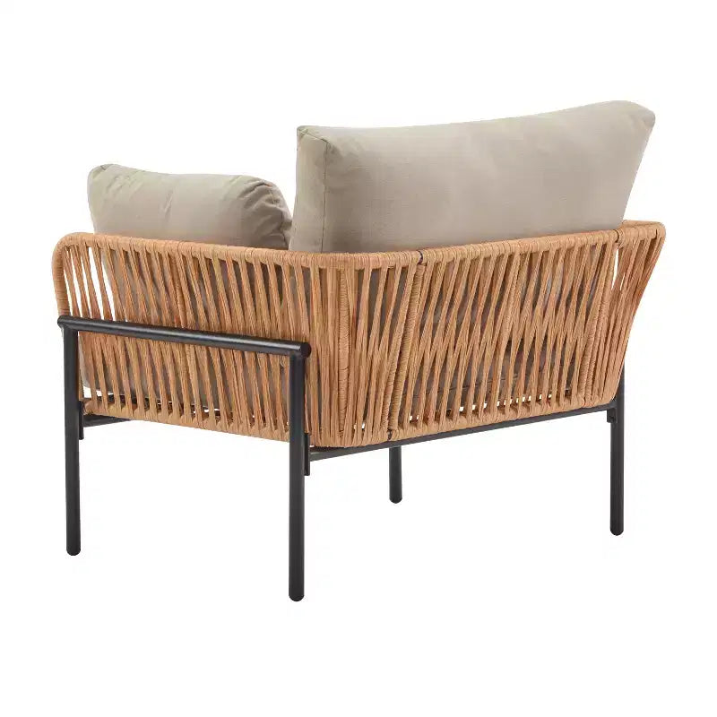 36W Patio Accent Chair Lounge Chair Arm Chair with Cushions, Pillows and Stylish Rope-Weave Design, Iron, Beige+Grey/Natural-ModernLuxe