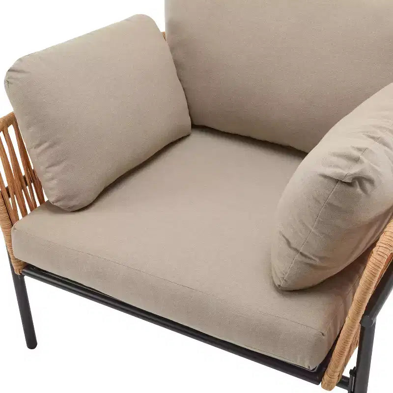 36W Patio Accent Chair Lounge Chair Arm Chair with Cushions, Pillows and Stylish Rope-Weave Design, Iron, Beige+Grey/Natural-ModernLuxe