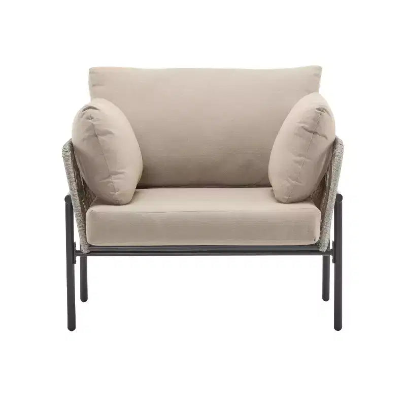 36W Patio Accent Chair Lounge Chair Arm Chair with Cushions, Pillows and Stylish Rope-Weave Design, Iron, Beige+Grey/Natural-ModernLuxe