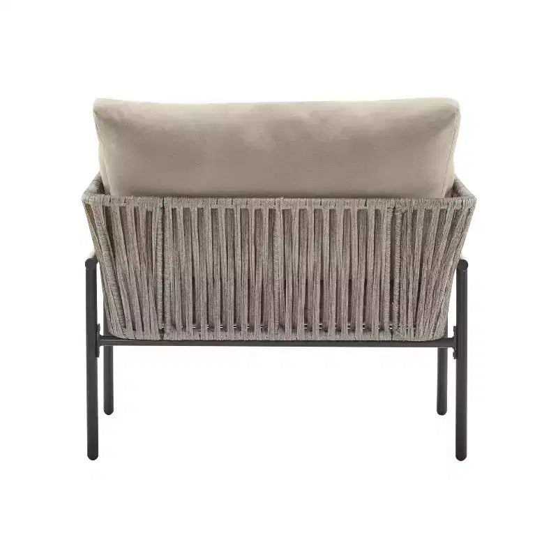 36W Patio Accent Chair Lounge Chair Arm Chair with Cushions, Pillows and Stylish Rope-Weave Design, Iron, Beige+Grey/Natural-ModernLuxe