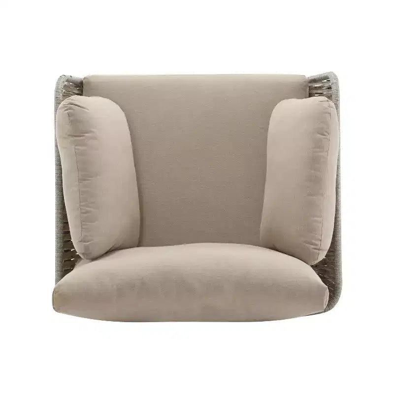 36W Patio Accent Chair Lounge Chair Arm Chair with Cushions, Pillows and Stylish Rope-Weave Design, Iron, Beige+Grey/Natural-ModernLuxe