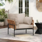 36W Patio Accent Chair Lounge Chair Arm Chair with Cushions, Pillows and Stylish Rope-Weave Design, Iron, Beige+Grey/Natural-ModernLuxe