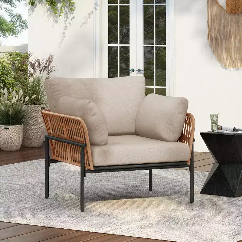 36W Patio Accent Chair Lounge Chair Arm Chair with Cushions, Pillows and Stylish Rope-Weave Design, Iron, Beige+Grey/Natural-ModernLuxe