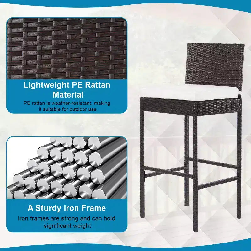 FDW 2 Piece Outdoor Bar Chairs 30 Wicker Patio Stools with Footrest & Weather Resistant, Brown