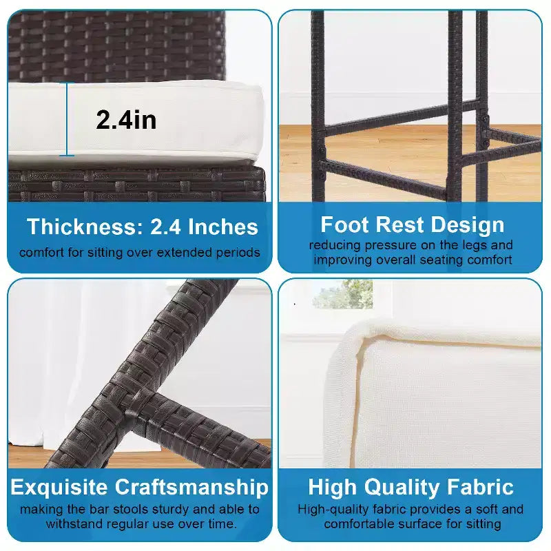 FDW 2 Piece Outdoor Bar Chairs 30 Wicker Patio Stools with Footrest & Weather Resistant, Brown
