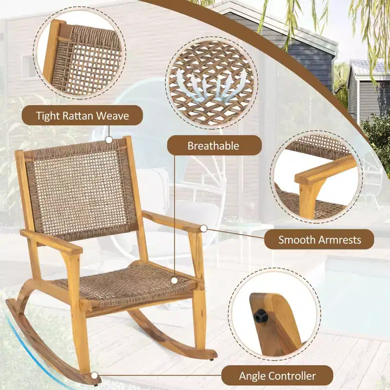 Whisen 2 Pieces Patio Rocking Chair Set, Acacia Wood Outdoor Rockers with Wicker Rattan Seat & Backrest