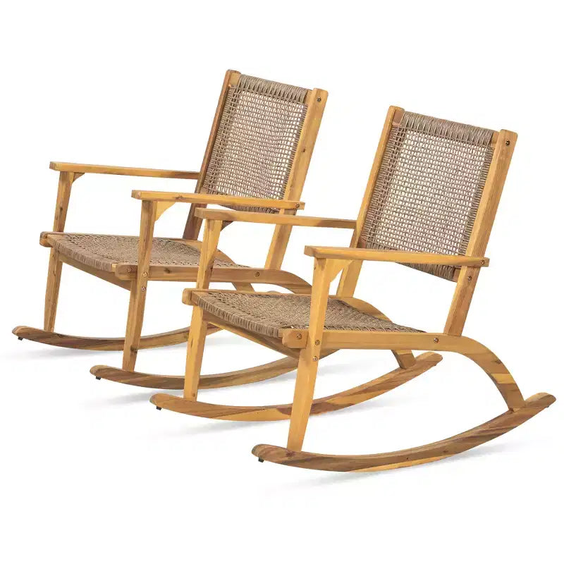 Whisen 2 Pieces Patio Rocking Chair Set, Acacia Wood Outdoor Rockers with Wicker Rattan Seat & Backrest