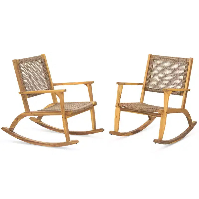 Whisen 2 Pieces Patio Rocking Chair Set, Acacia Wood Outdoor Rockers with Wicker Rattan Seat & Backrest