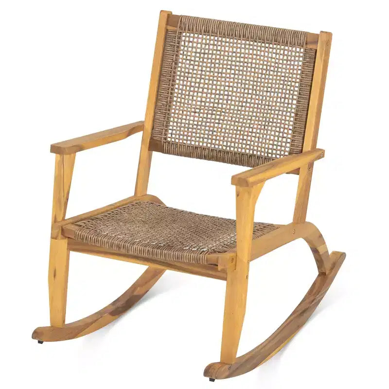 Whisen 2 Pieces Patio Rocking Chair Set, Acacia Wood Outdoor Rockers with Wicker Rattan Seat & Backrest