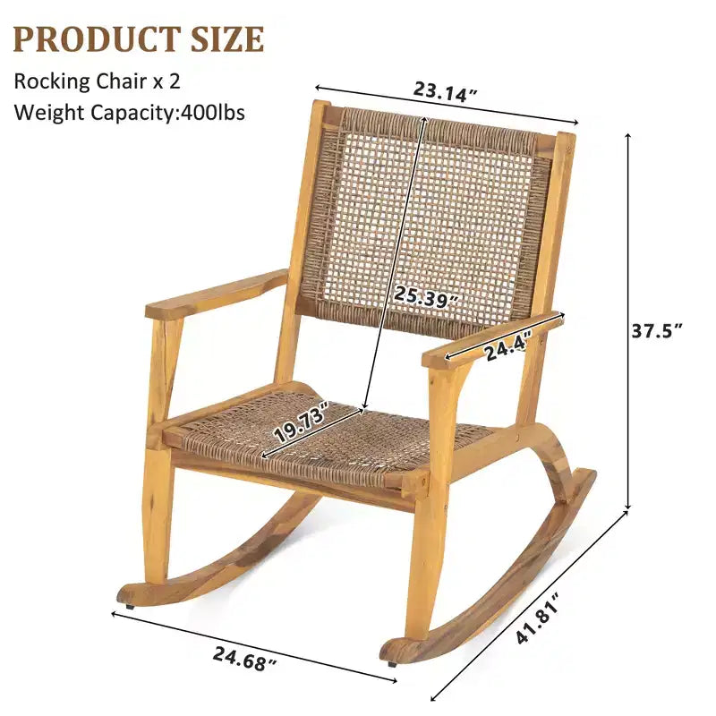Whisen 2 Pieces Patio Rocking Chair Set, Acacia Wood Outdoor Rockers with Wicker Rattan Seat & Backrest