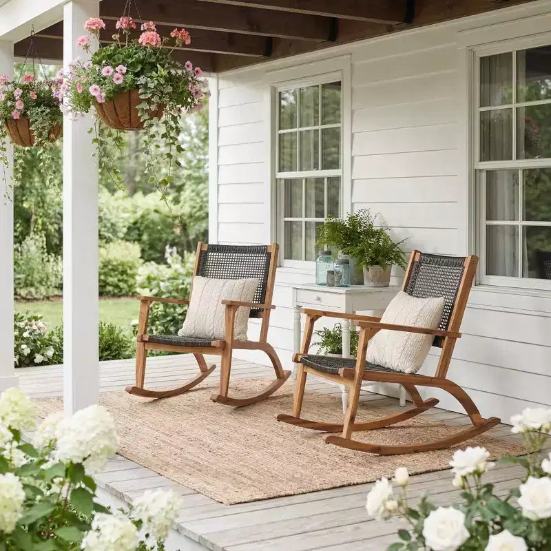 Whisen 2 Pieces Patio Rocking Chair Set, Acacia Wood Outdoor Rockers with Wicker Rattan Seat & Backrest