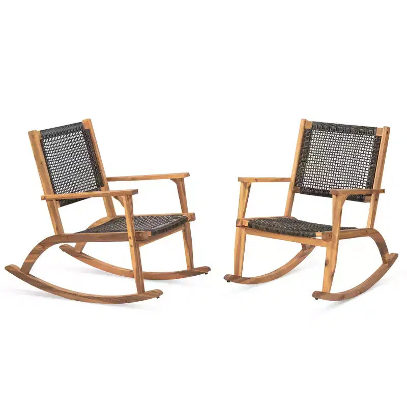 Whisen 2 Pieces Patio Rocking Chair Set, Acacia Wood Outdoor Rockers with Wicker Rattan Seat & Backrest