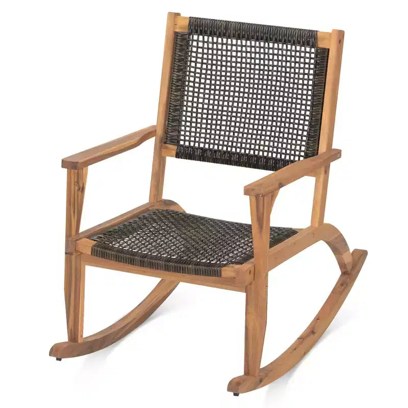 Whisen 2 Pieces Patio Rocking Chair Set, Acacia Wood Outdoor Rockers with Wicker Rattan Seat & Backrest