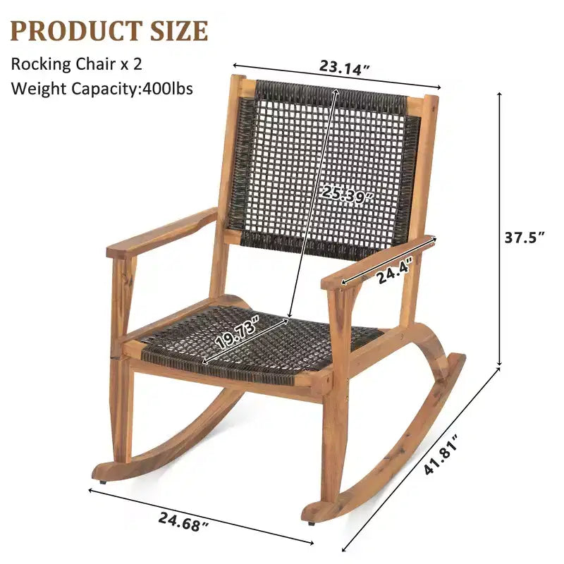 Whisen 2 Pieces Patio Rocking Chair Set, Acacia Wood Outdoor Rockers with Wicker Rattan Seat & Backrest