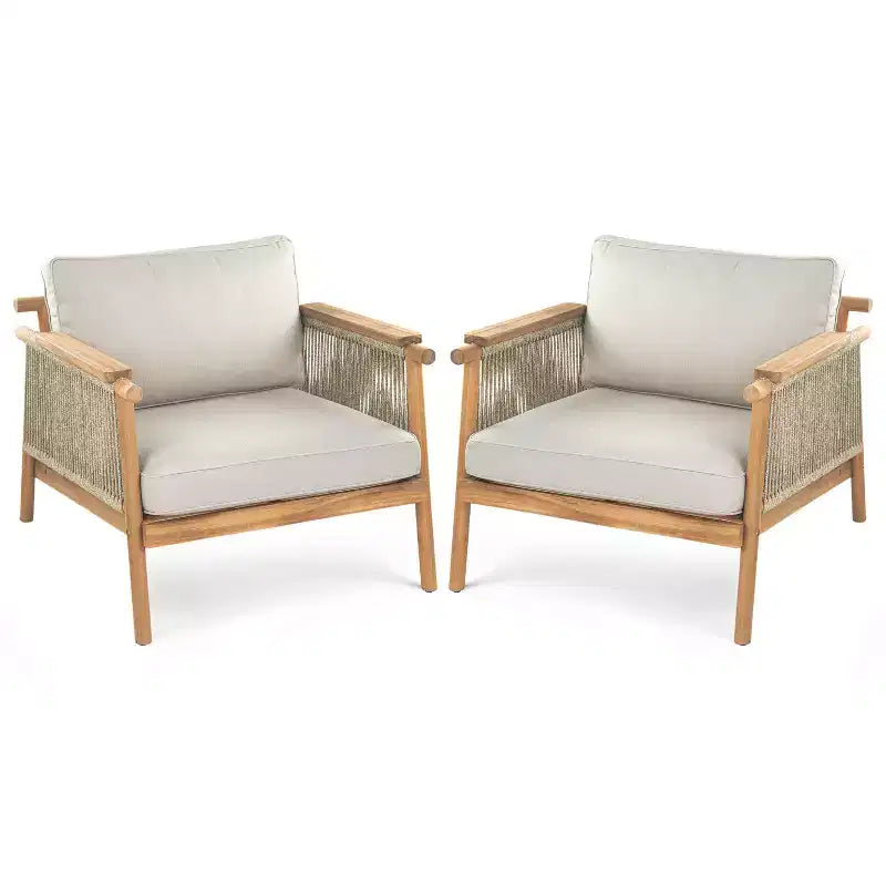 Christopher Knight Home Jackie Patio Acacia Wood Rope Weave Club Chair with Cushions, Teak/Beige