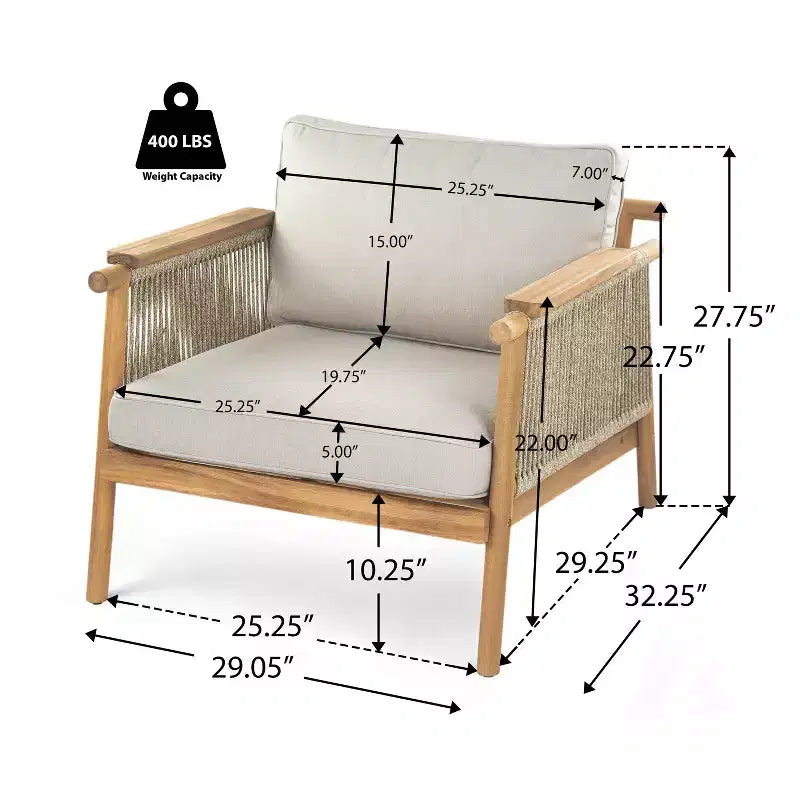 Christopher Knight Home Jackie Patio Acacia Wood Rope Weave Club Chair with Cushions, Teak/Beige