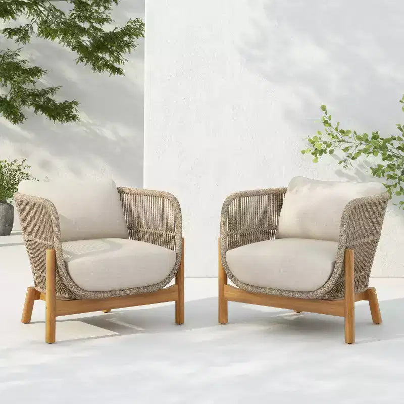 Christopher Knight Home Timothy Patio Aluminum, Acacia and Rope Club Chairs with 6 Cushions (Set of 2)