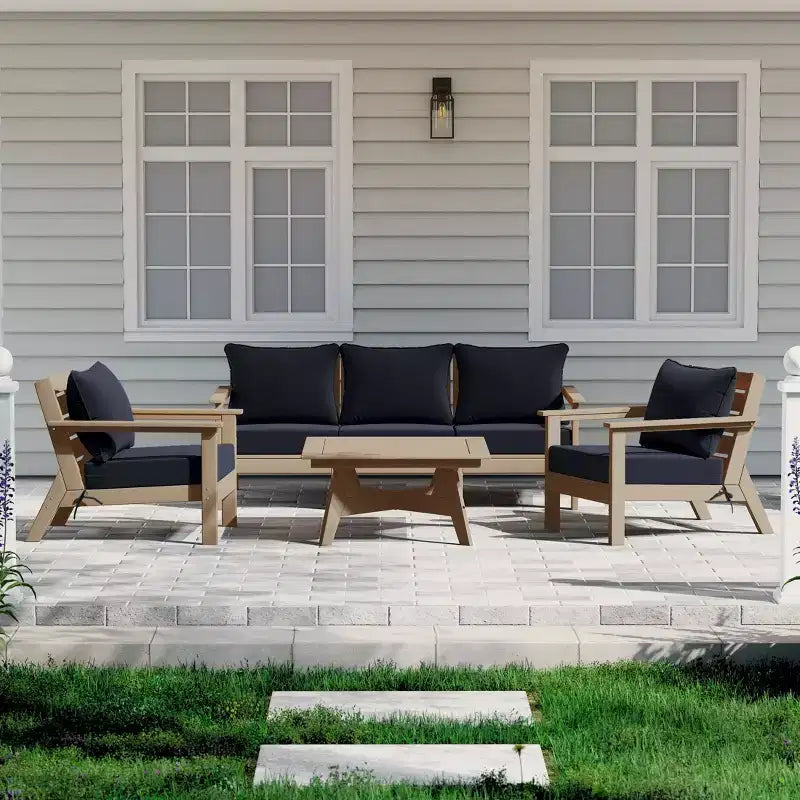 WestinTrends Avalon Outdoor 6-Piece Modular Sectional Patio Furniture Sofa Set, Weathered Wood/Navy Blue