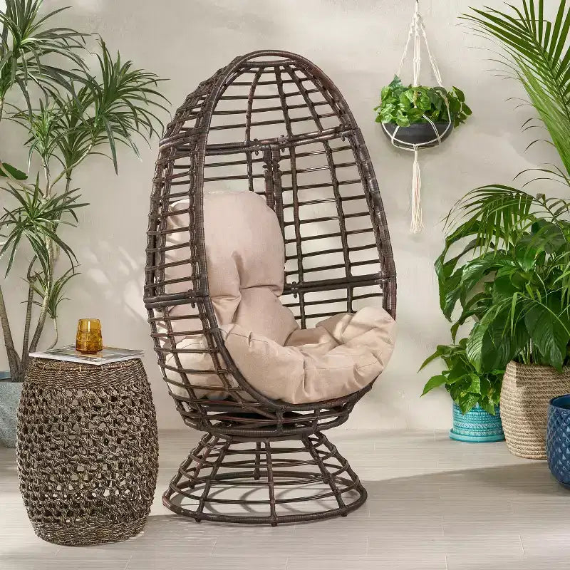 GDFStudio Kai Outdoor Wicker Swivel Egg Chair with Cushion, Bronze Brown/Beige