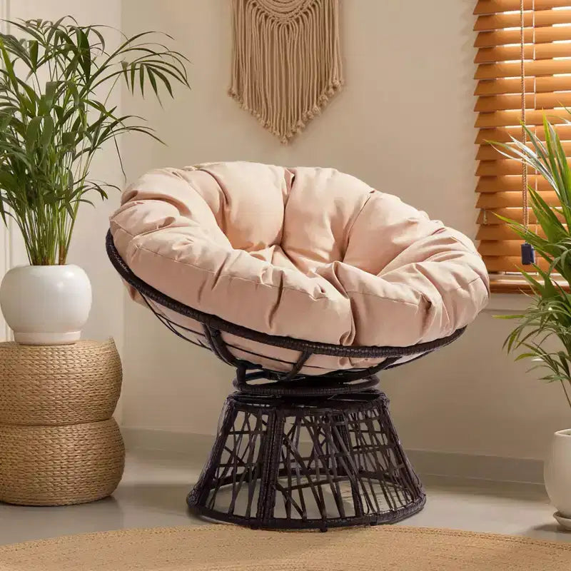 Karl Home | Brown Wicker Swivel Accent Chair With Beige Cushion