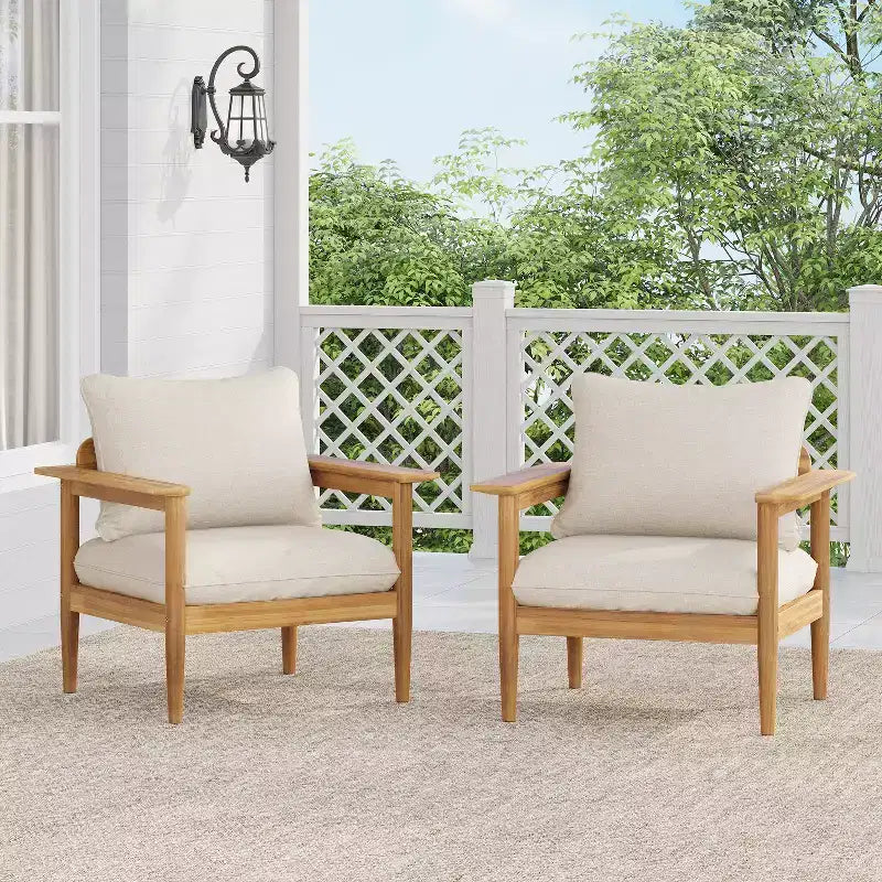 Christopher Knight Home Kari Patio Acacia Wood Slatted Club Chair with Water-Resistant Cushions, Beige/Light Teak