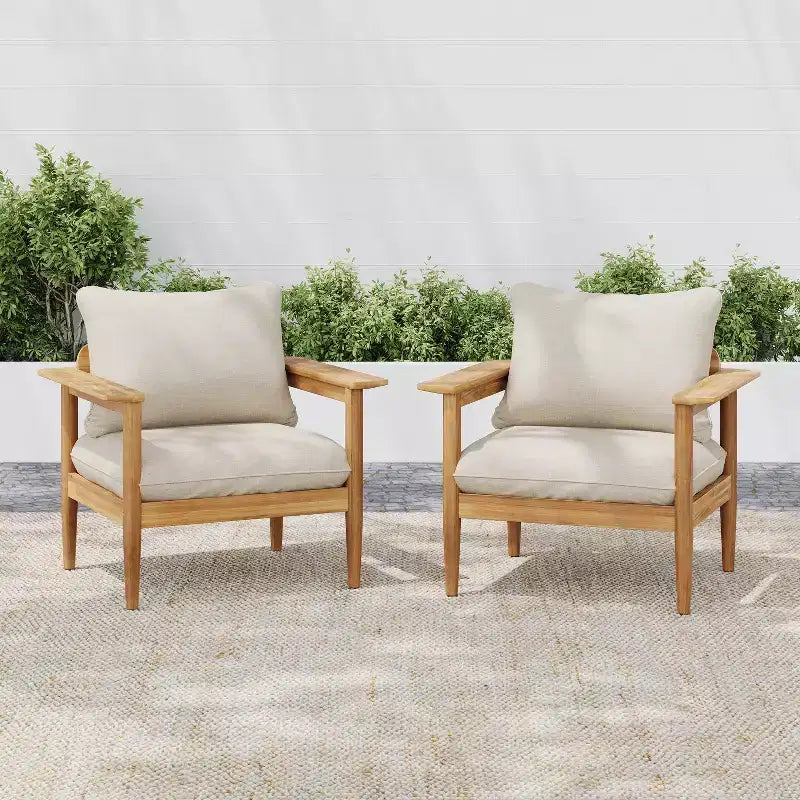 Christopher Knight Home Kari Patio Acacia Wood Slatted Club Chair with Water-Resistant Cushions, Beige/Light Teak