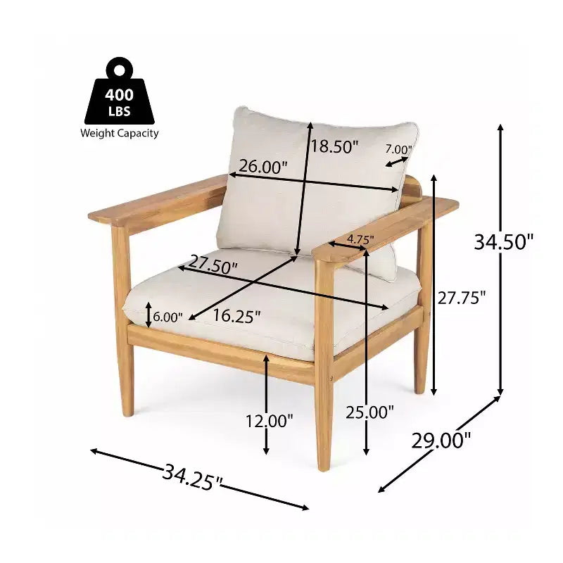 Christopher Knight Home Kari Patio Acacia Wood Slatted Club Chair with Water-Resistant Cushions, Beige/Light Teak