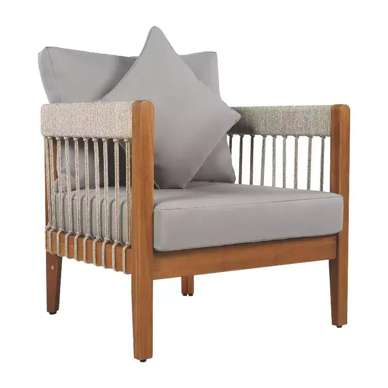 Okak Patio Accent Chairs with Handwoven Rope Frame,1 PCS,Upholstered Outdoor Armchair Acacia Club Chair for Backyard&Garden,400lbs Max