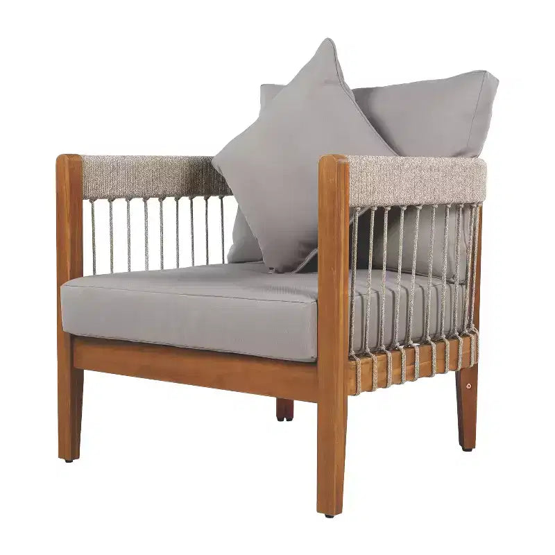 Okak Patio Accent Chairs with Handwoven Rope Frame,1 PCS,Upholstered Outdoor Armchair Acacia Club Chair for Backyard&Garden,400lbs Max