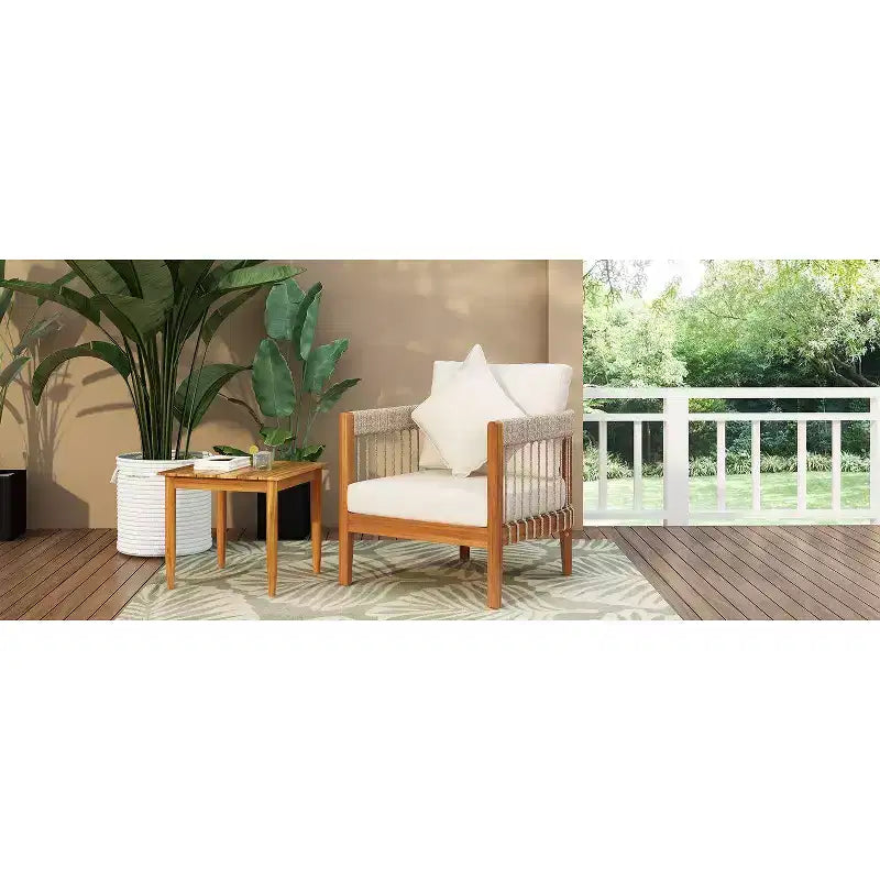 Okak Patio Accent Chairs with Handwoven Rope Frame,1 PCS,Upholstered Outdoor Armchair Acacia Club Chair for Backyard&Garden,400lbs Max