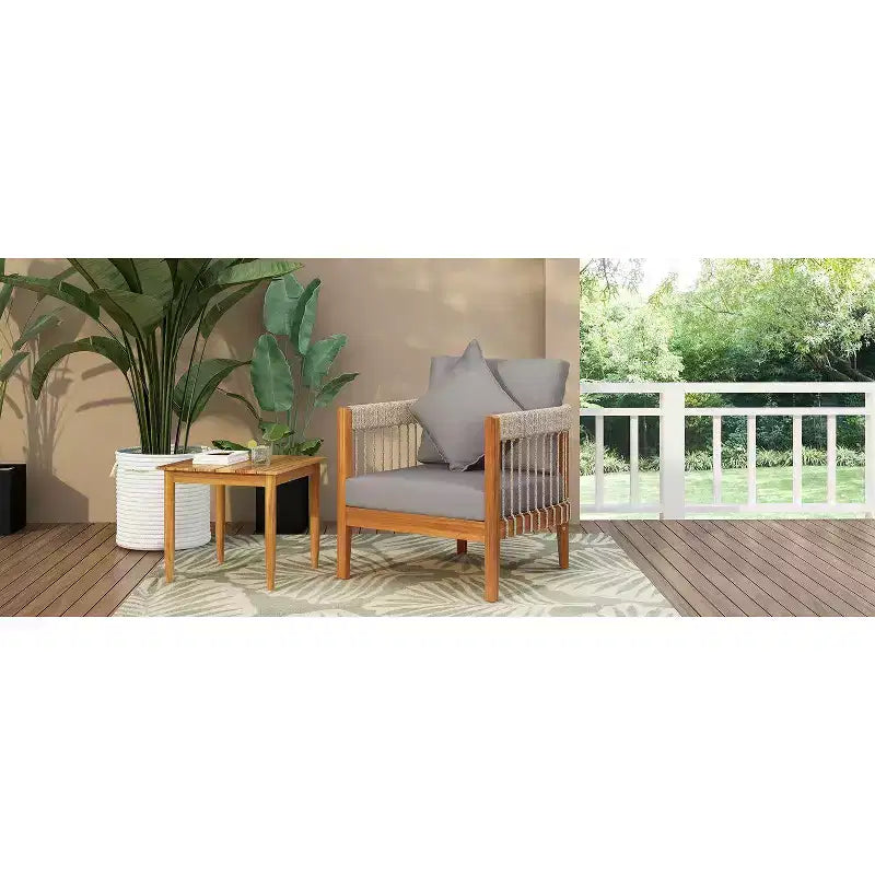 Okak Patio Accent Chairs with Handwoven Rope Frame,1 PCS,Upholstered Outdoor Armchair Acacia Club Chair for Backyard&Garden,400lbs Max