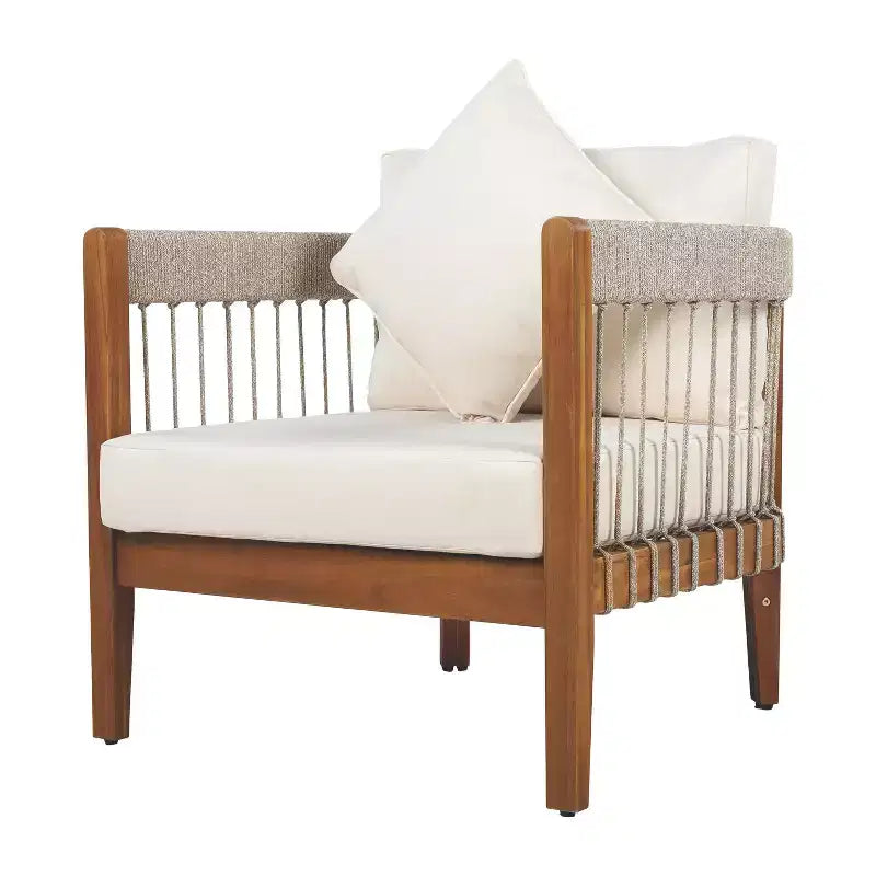 Okak Patio Accent Chairs with Handwoven Rope Frame,1 PCS,Upholstered Outdoor Armchair Acacia Club Chair for Backyard&Garden,400lbs Max